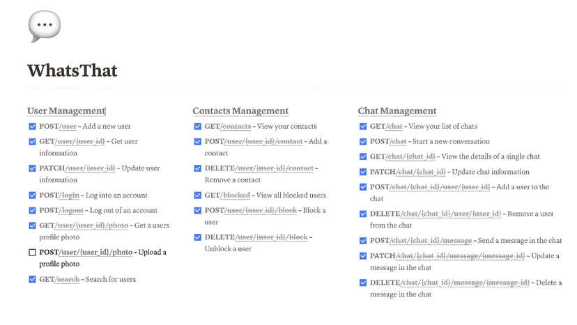 WhatsThat API Endpoints checklist